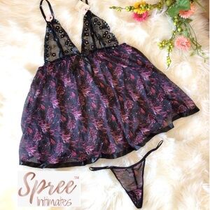 Spree Intimates 2Pc Pink Abstract Triangle Cup Sequin Babydoll Set Size Large